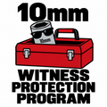 10mm Witness Protection Program three-color vinyl decal: a silver socket wearing sunglasses behind a red toolbox, with black lettering on a white preview background.