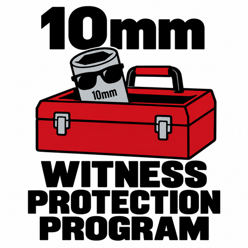 10mm Witness Protection Program three-color vinyl decal: a silver socket wearing sunglasses behind a red toolbox, with black lettering on a white preview background.