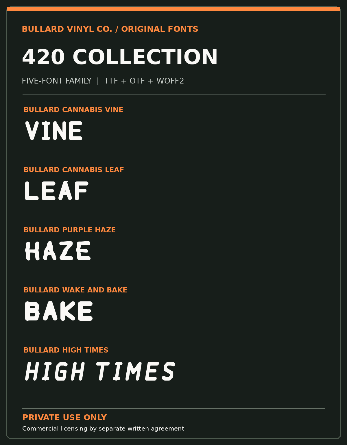 420 Collection original five-font family dark preview card with actual rendered Cannabis Vine Leaf Purple Haze Wake and Bake and High Times fonts