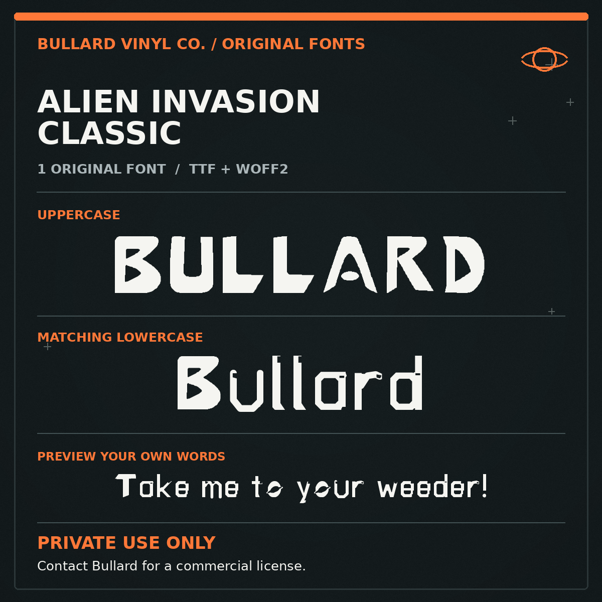 Bullard Alien Invasion Classic font sample, uppercase and lowercase on matching dark charcoal orange font collection card