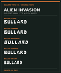 Five original Alien Invasion font variants on matching charcoal-orange Bullard font family card