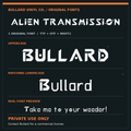 Bullard Alien Transmission real font preview in original sci-fi uppercase and lowercase on charcoal and orange store card