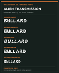 Bullard Alien Transmission font family product card showing five actual letterform variations