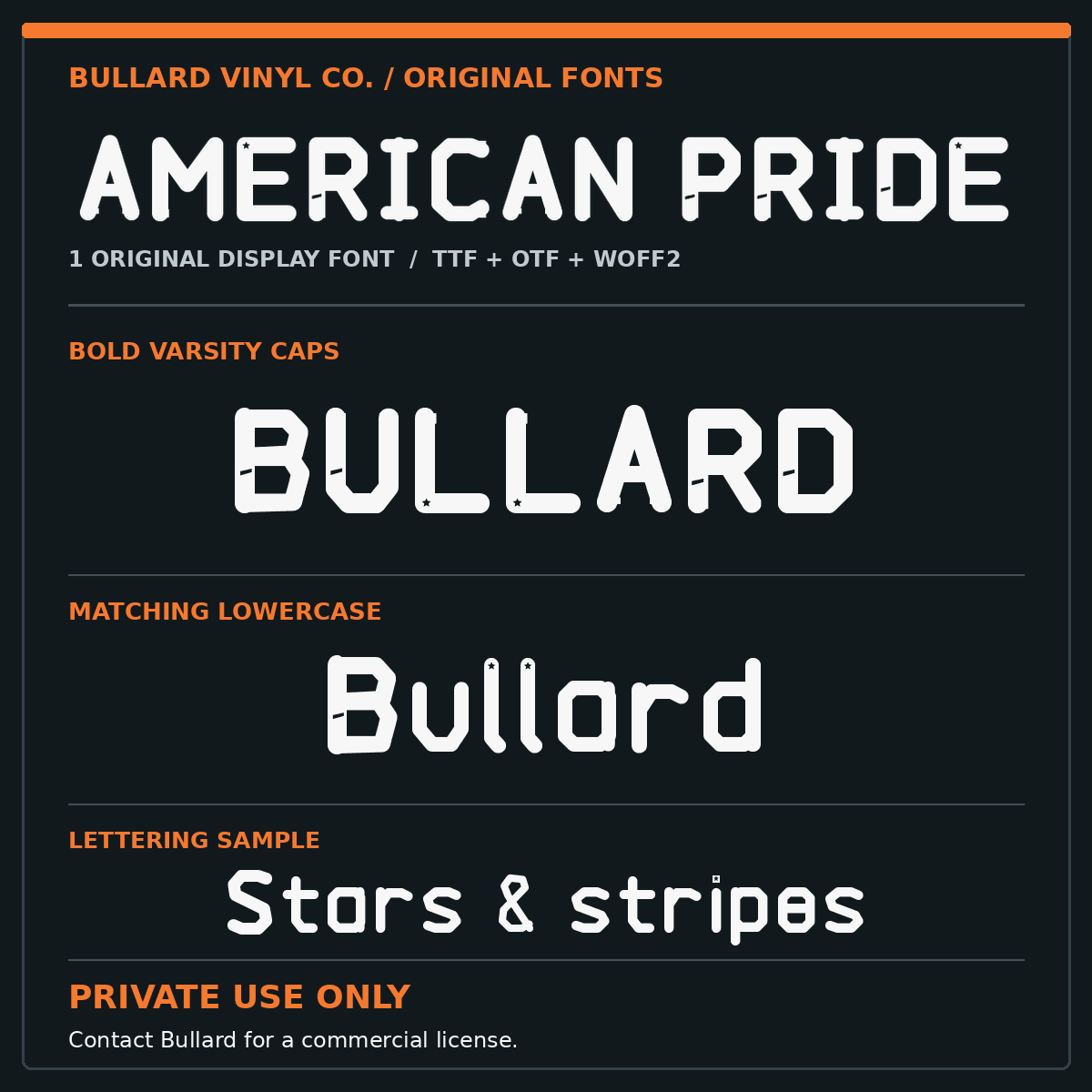 Bullard American Pride real-font previews of uppercase and lowercase on dark orange-and-charcoal card