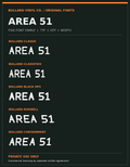 Bullard Area 51 five original working font variations displayed on dark charcoal store card