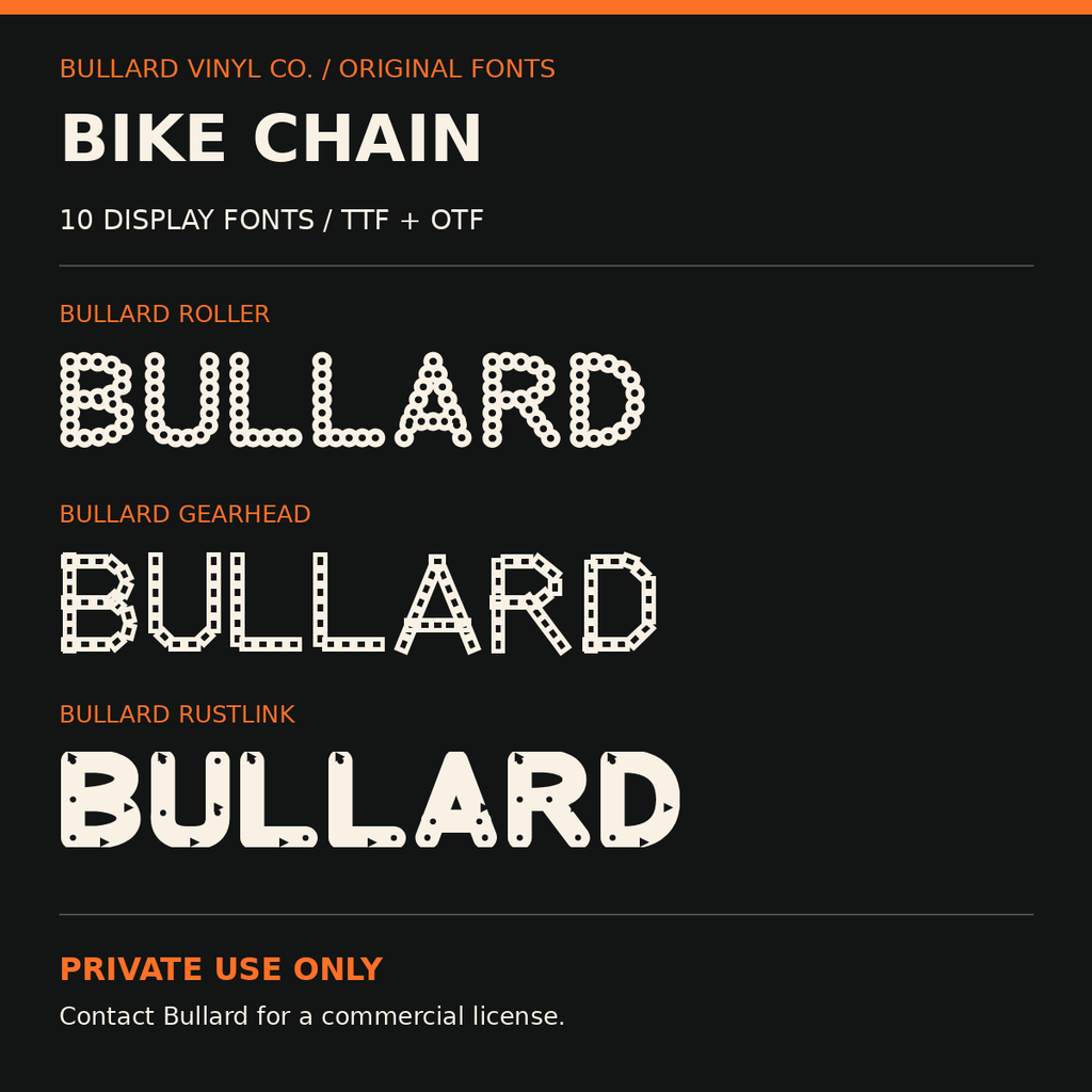 Actual samples of the 10 Bullard Bike Chain display fonts; private use only