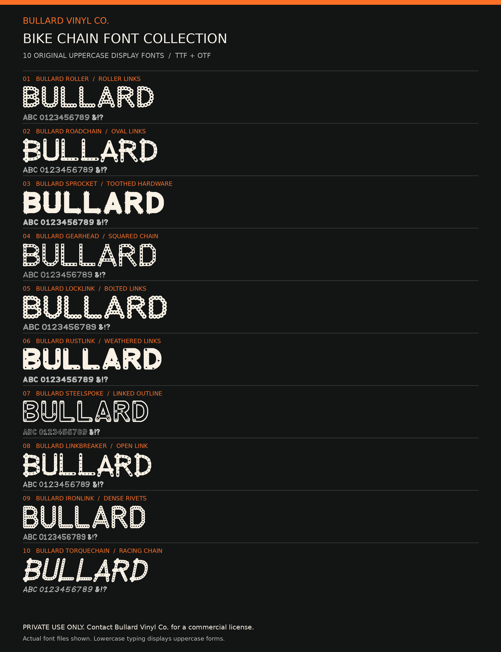 Actual samples of the 10 Bullard Bike Chain display fonts; private use only