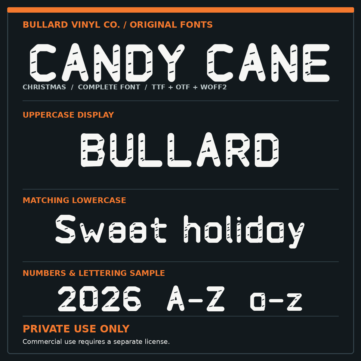 Original Bullard Candy Cane Christmas font in uppercase and lowercase on matching Bullard dark font product card