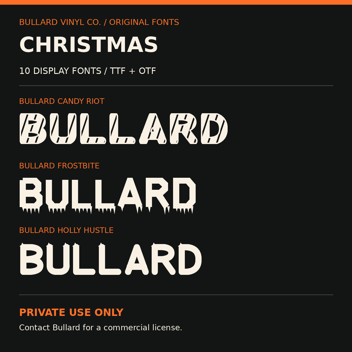 Actual samples of the 10 Bullard Christmas display fonts; private use only