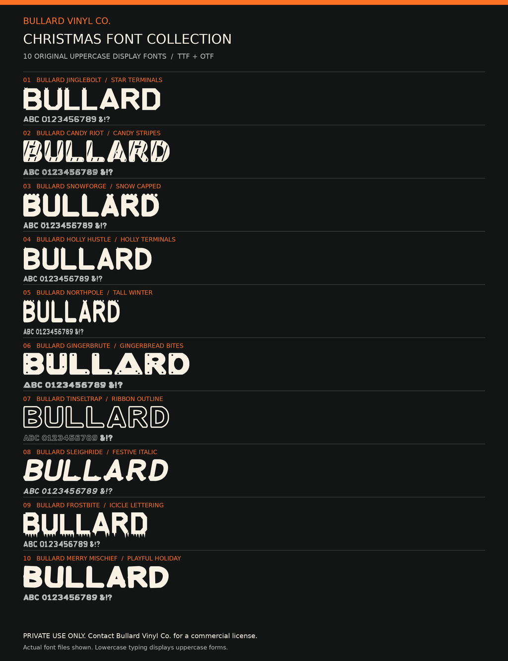 Actual samples of the 10 Bullard Christmas display fonts; private use only
