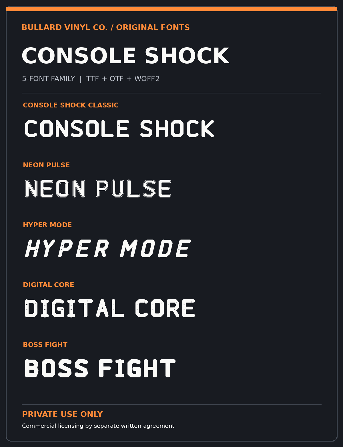 Console Shock font family with five actual installed-font preview samples on Bullard charcoal orange card
