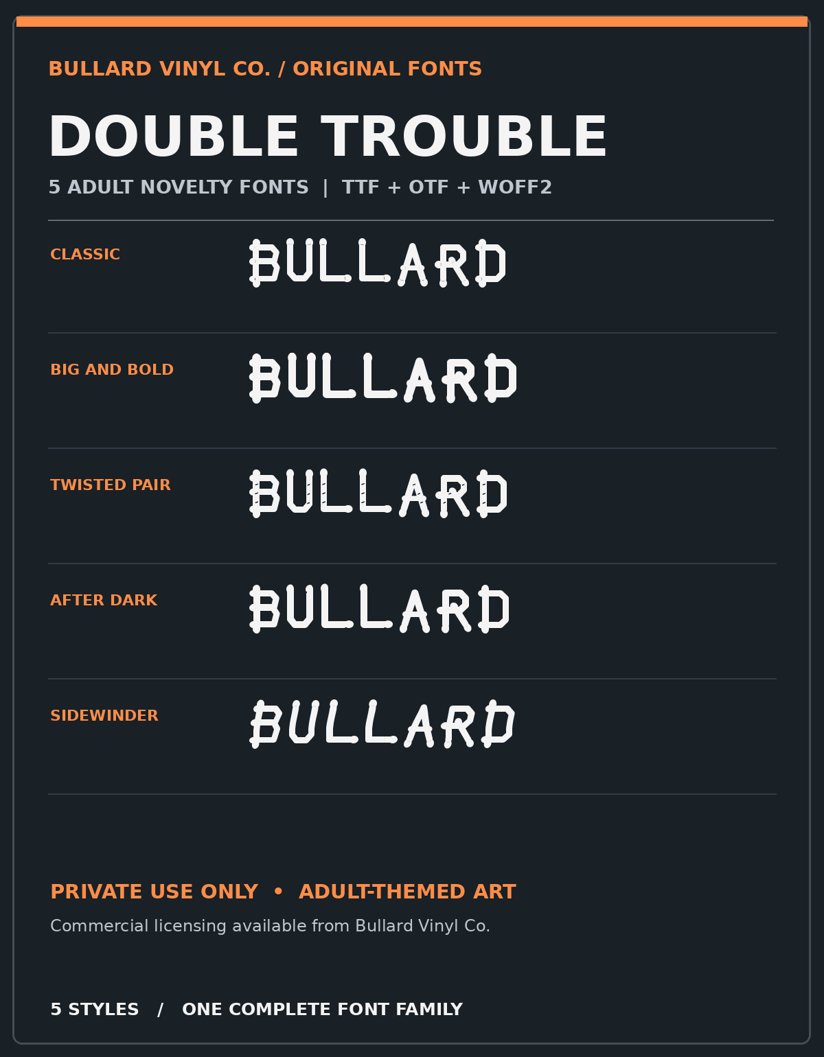 Bullard Double Trouble original adult novelty five-font family featuring five functional typeface variations