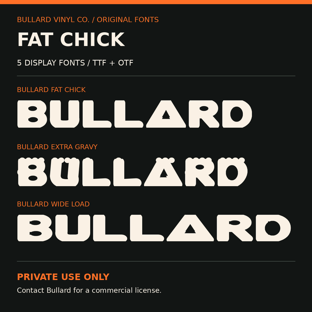 Actual samples of the 5 Bullard Fat Chick display fonts; private use only