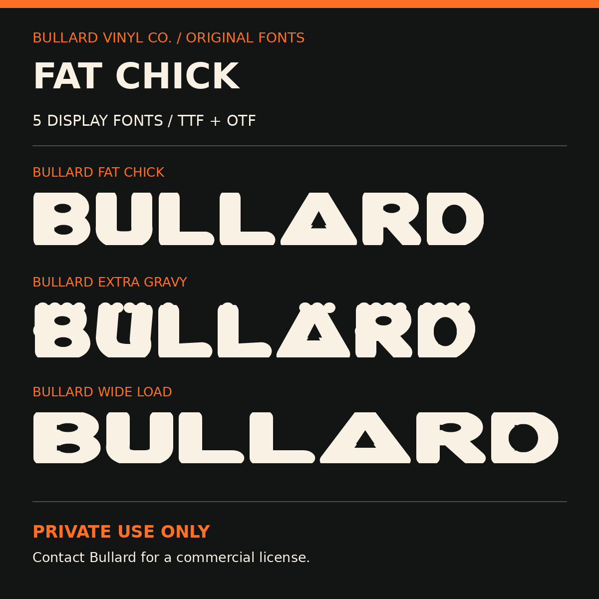 Actual samples of the 5 Bullard Fat Chick display fonts; private use only