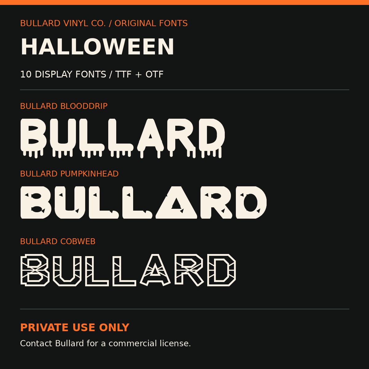 Actual samples of the 10 Bullard Halloween display fonts; private use only