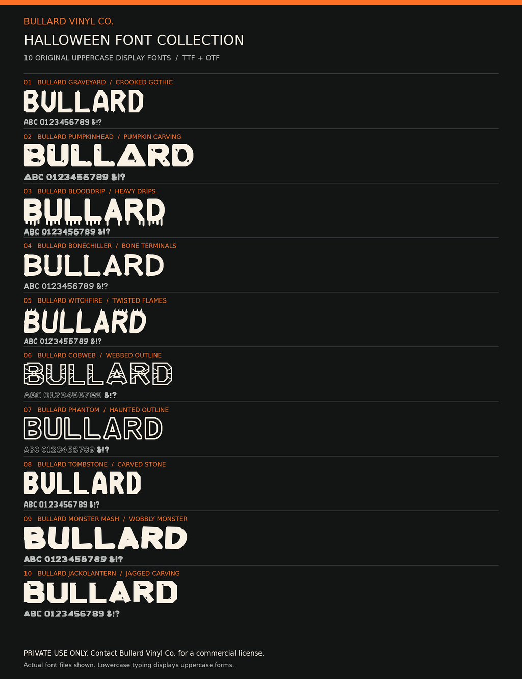 Actual samples of the 10 Bullard Halloween display fonts; private use only
