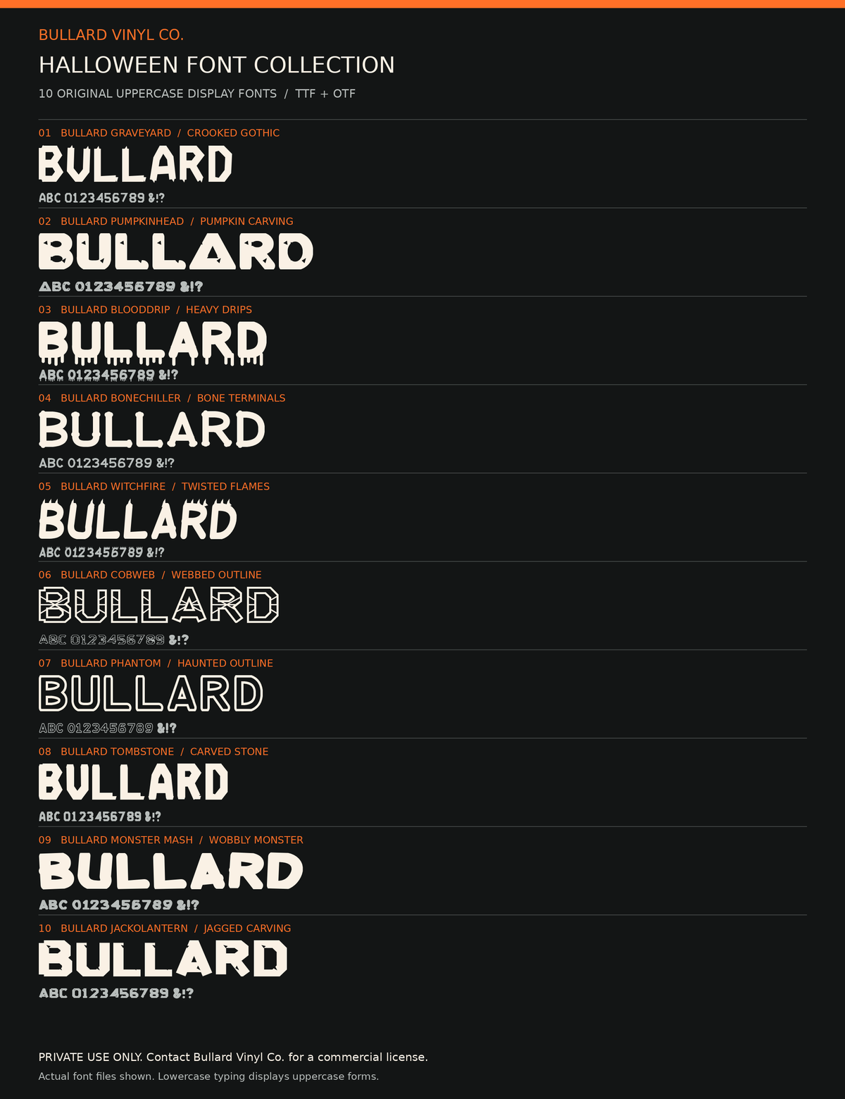 Actual samples of the 10 Bullard Halloween display fonts; private use only