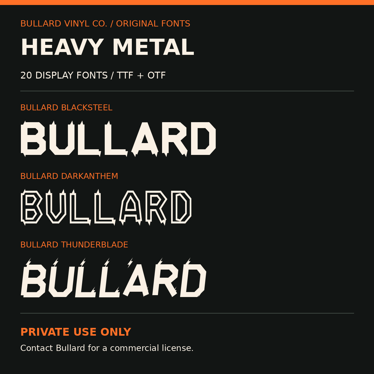 Actual samples of the 20 Bullard Heavy Metal display fonts; private use only