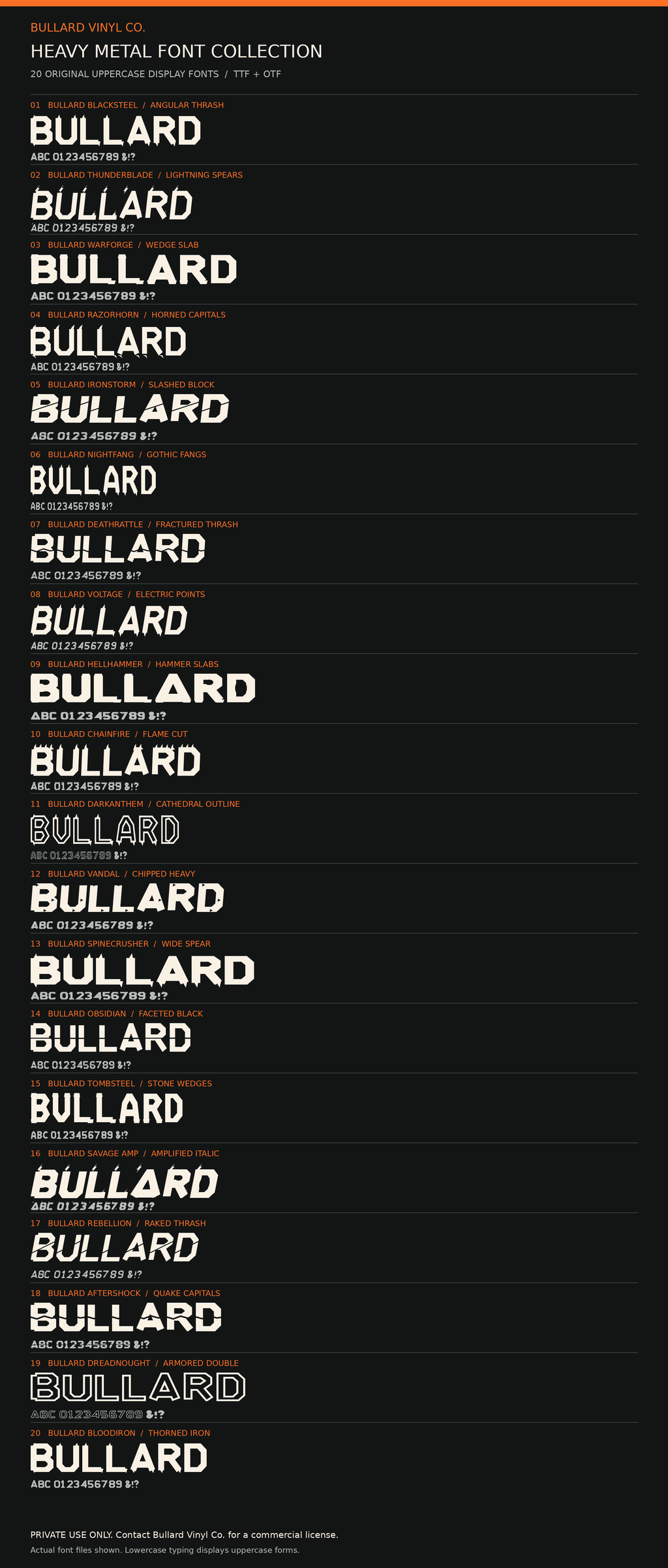 Actual samples of the 20 Bullard Heavy Metal display fonts; private use only