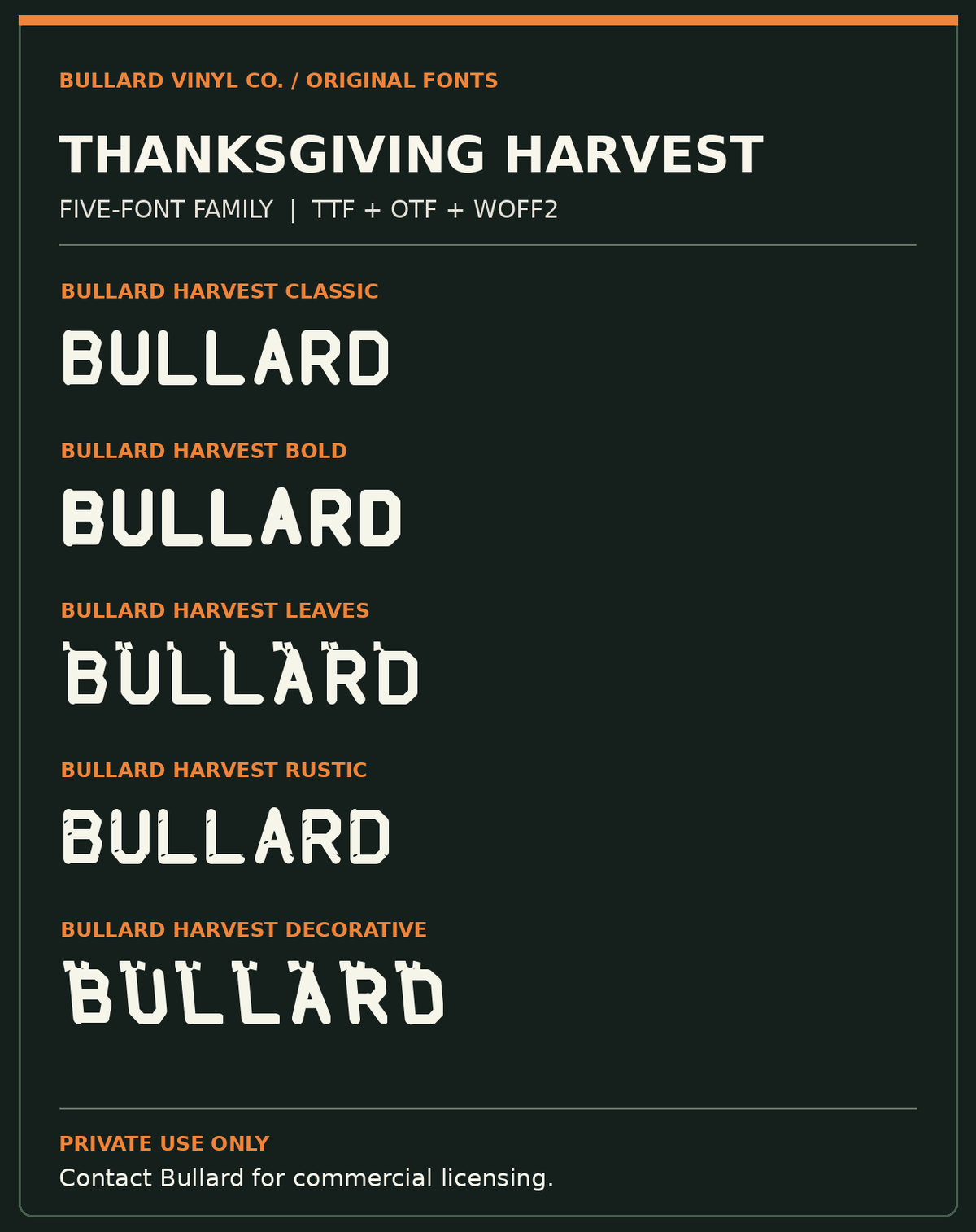 Thanksgiving Harvest five font family dark product preview with Classic Bold Leaves Rustic Decorative