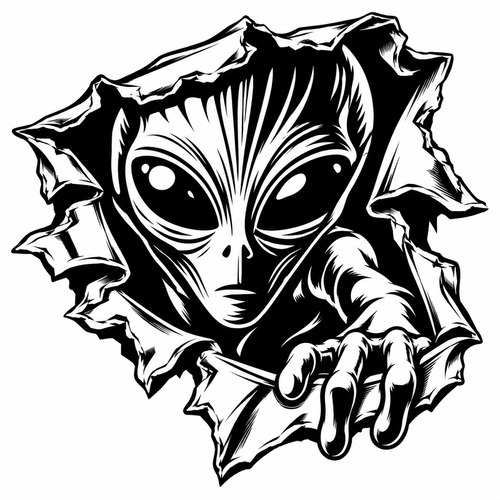 Alien reaching through torn metal with a hand gripping the bent edge — artwork preview