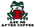 Three-color frog: green skin, red mug, black outlines and lettering