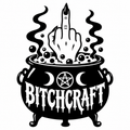 BITCHCRAFT black-on-white witch's cauldron decal preview with a raised middle finger