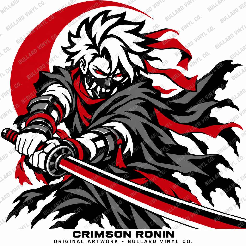 Crimson Ronin original anime artwork with bold connected hair and simplified face details. Bullard Vinyl Co. watermark and title are not part of the finished decal.