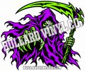 Grim reaper with reaching skeleton hand and scythe in black, violet and lime green. Bullard Vinyl Co. watermarked product preview.
