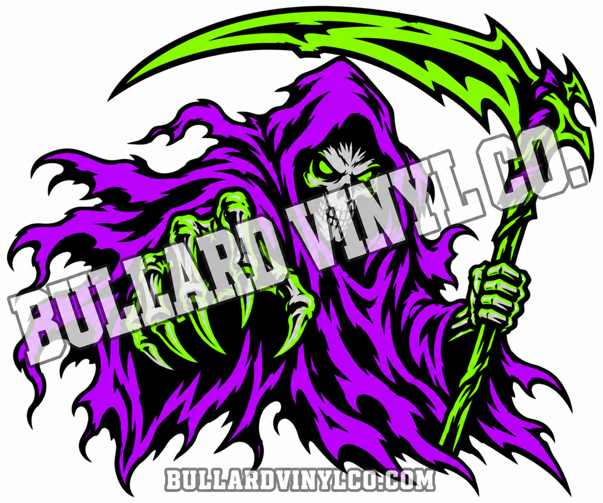 Grim reaper with reaching skeleton hand and scythe in black, violet and lime green. Bullard Vinyl Co. watermarked product preview.