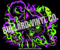 Fanged black cat with lime eyes, a skull and a haunted castle moon in violet and lime green. Bullard Vinyl Co. watermarked product preview.