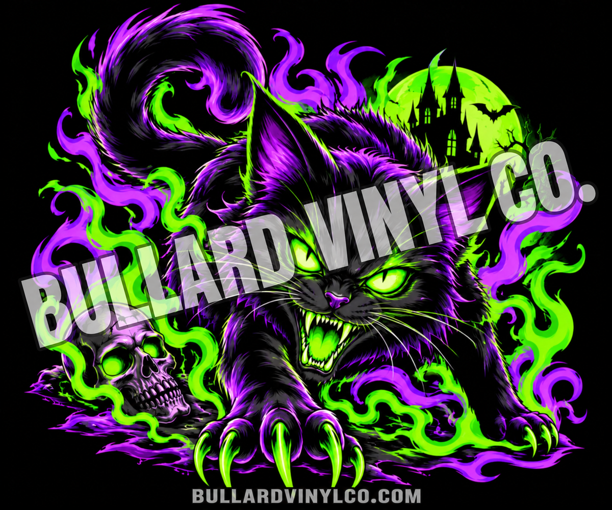 Fanged black cat with lime eyes, a skull and a haunted castle moon in violet and lime green. Bullard Vinyl Co. watermarked product preview.