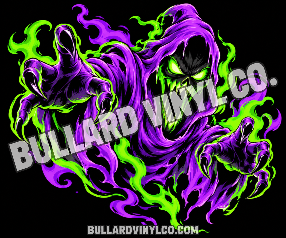 Hooded ghost with reaching claws and swirling flames in black, violet and lime green. Bullard Vinyl Co. watermarked product preview.