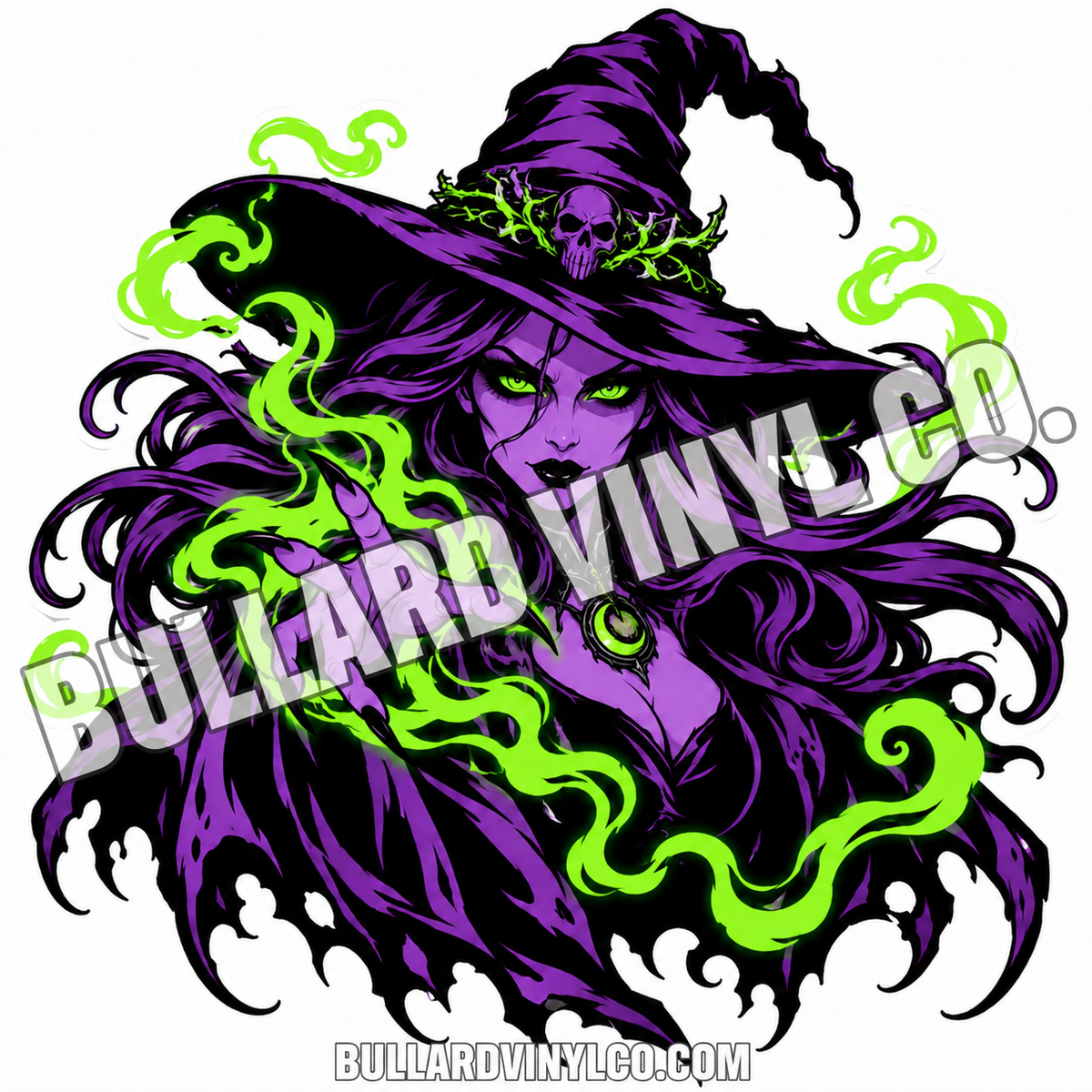 Witch with a crooked hat, flowing hair and green magic in black, violet and lime green. Bullard Vinyl Co. watermarked product preview.