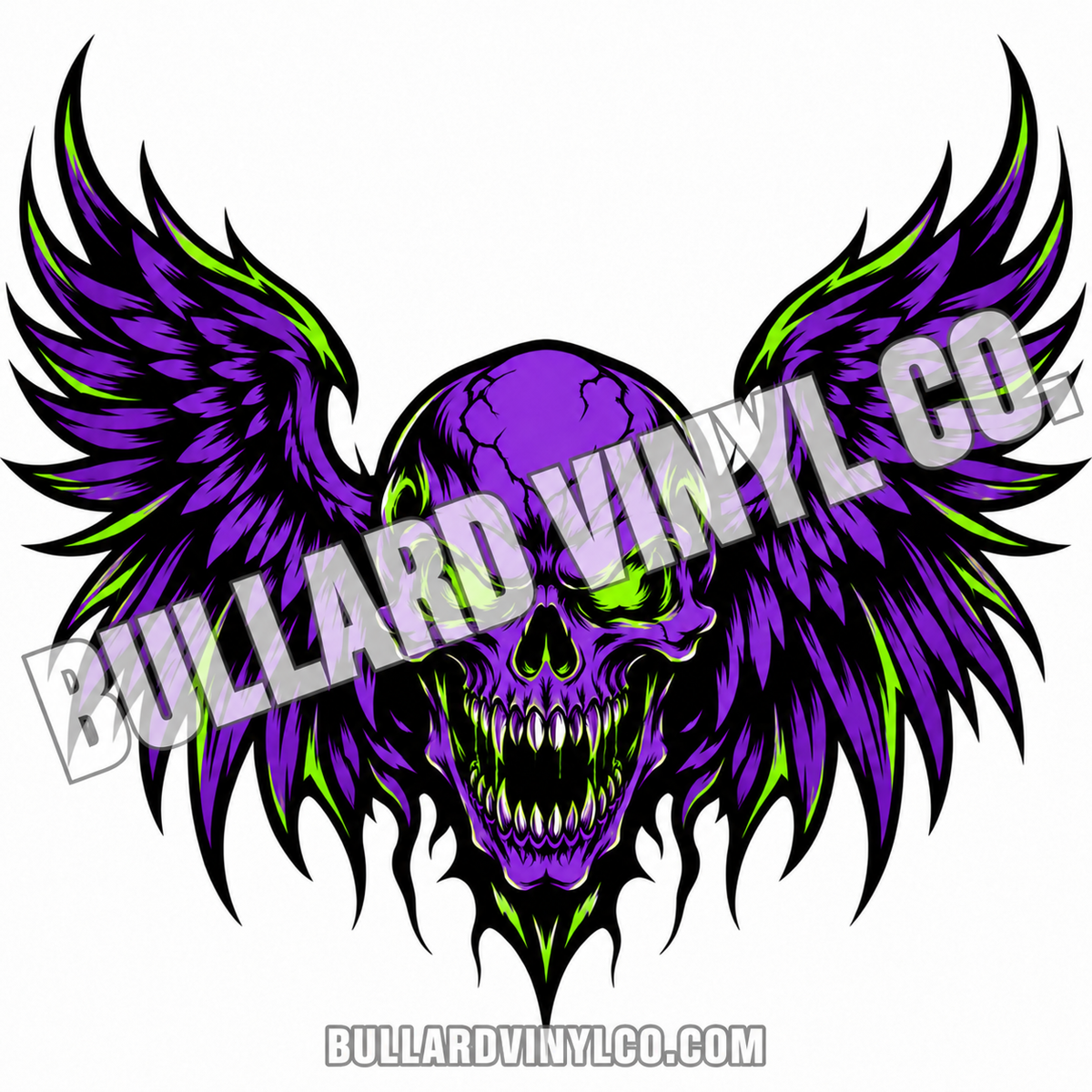 Winged skull in black, violet and lime green. Bullard Vinyl Co. watermarked product preview.
