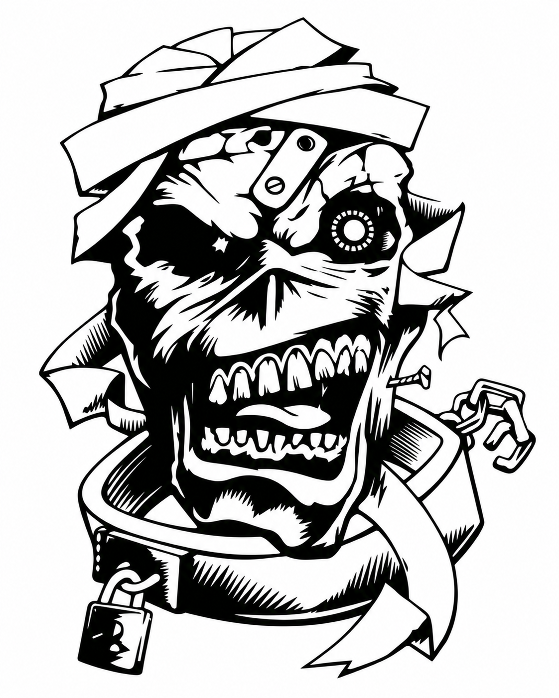 Original monochrome mummy monster with mechanical eye and padlock collar