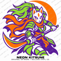 Neon Kitsune original anime fox-masked warrior in violet, lime green, and orange. Bullard Vinyl Co. watermark and title are not part of the finished decal.