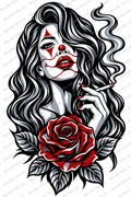Smoke and Roses four-color clown woman and rose vinyl decal artwork in black, red, silver gray and white, with the light diagonal Bullard Vinyl Co. watermark.