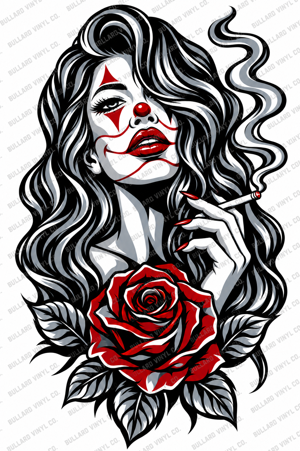 Smoke and Roses four-color clown woman and rose vinyl decal artwork in black, red, silver gray and white, with the light diagonal Bullard Vinyl Co. watermark.