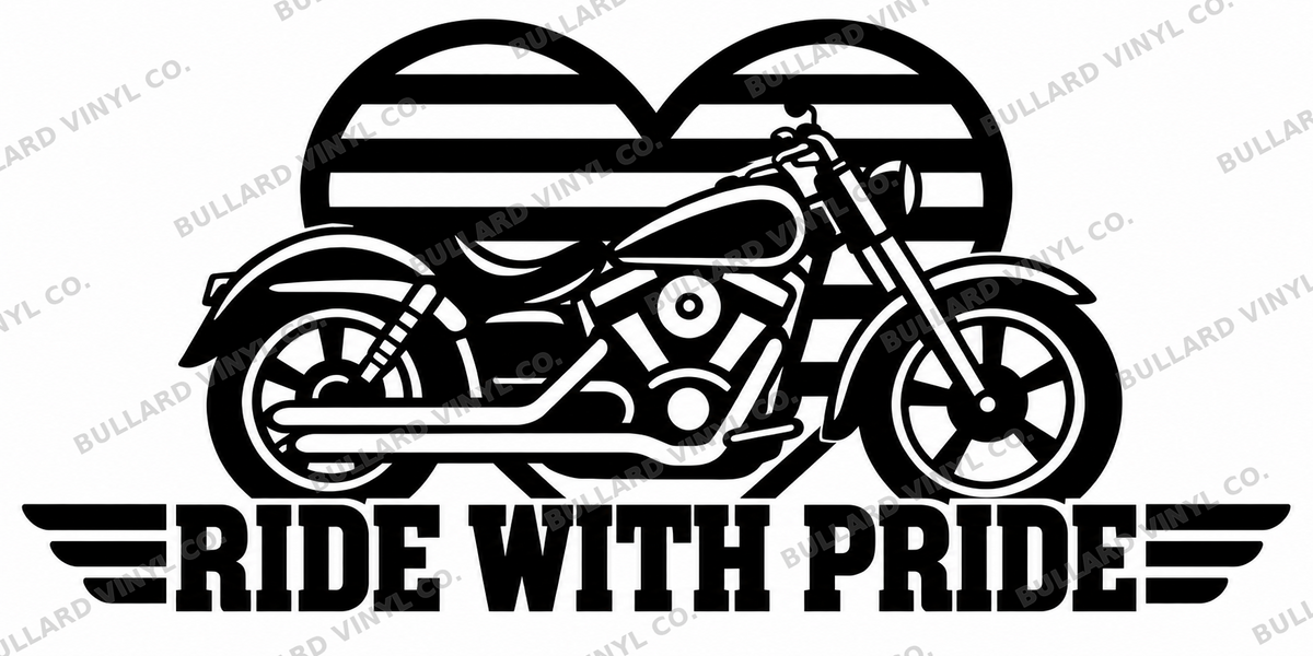 Ride With Pride single-color motorcycle vinyl decal with a striped pride heart; Bullard Vinyl Co. watermarked product preview.