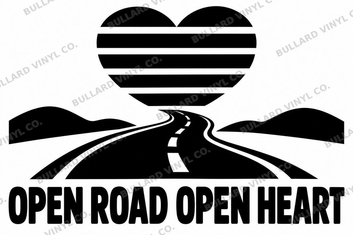 Open Road Open Heart original black-on-white Pride vinyl decal artwork; Bullard Vinyl Co. watermarked product preview.