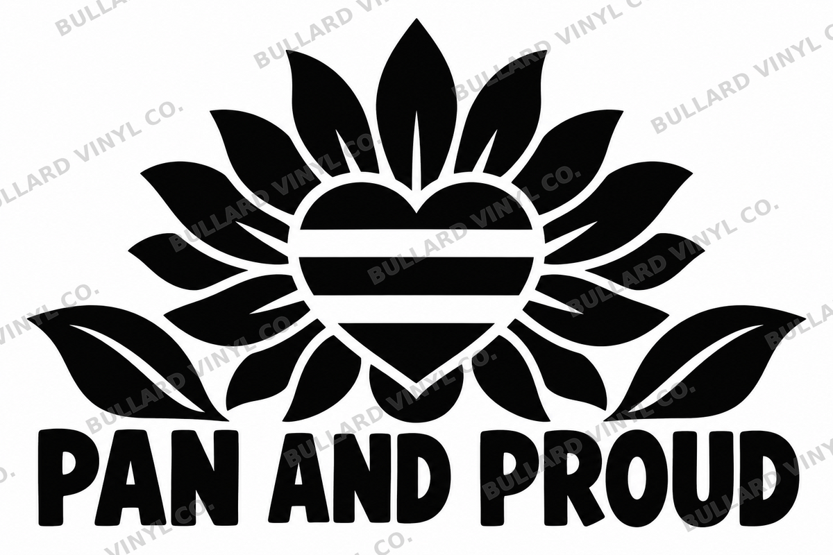 Pan and Proud original black-on-white Pride vinyl decal artwork; Bullard Vinyl Co. watermarked product preview.