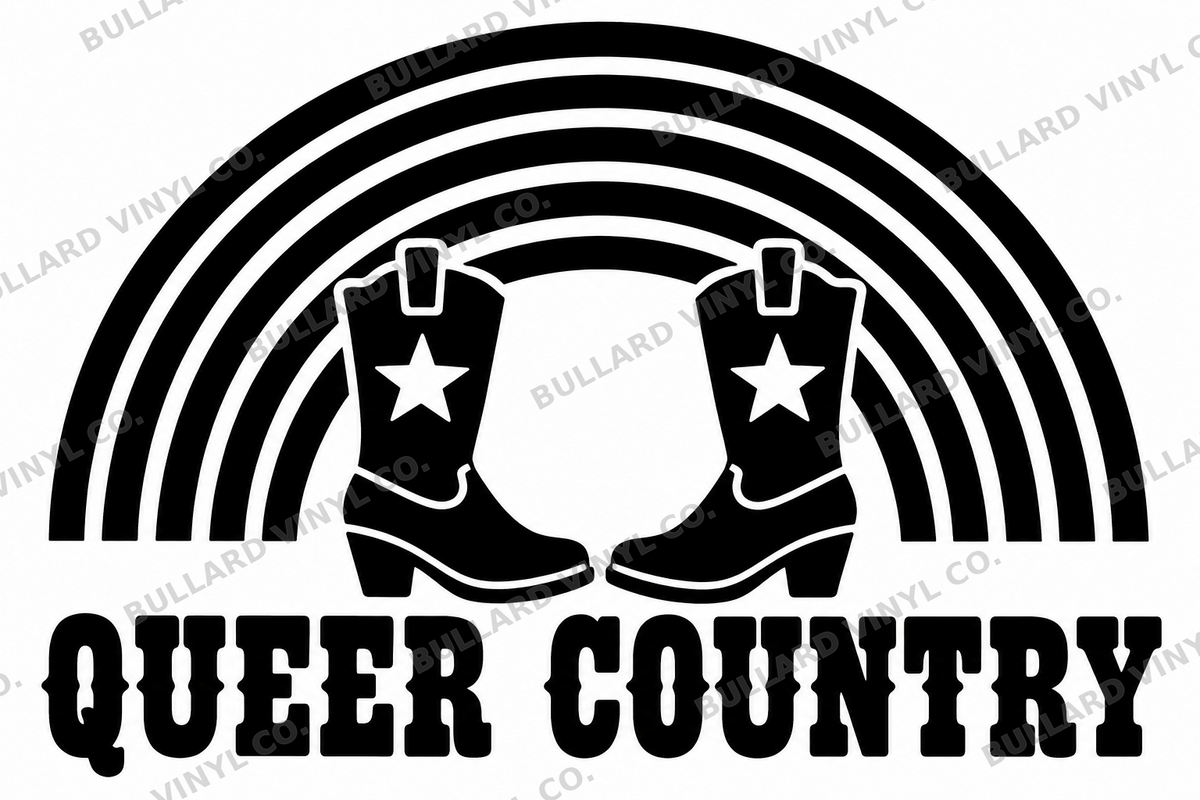Queer Country original black-on-white Pride vinyl decal artwork; Bullard Vinyl Co. watermarked product preview.