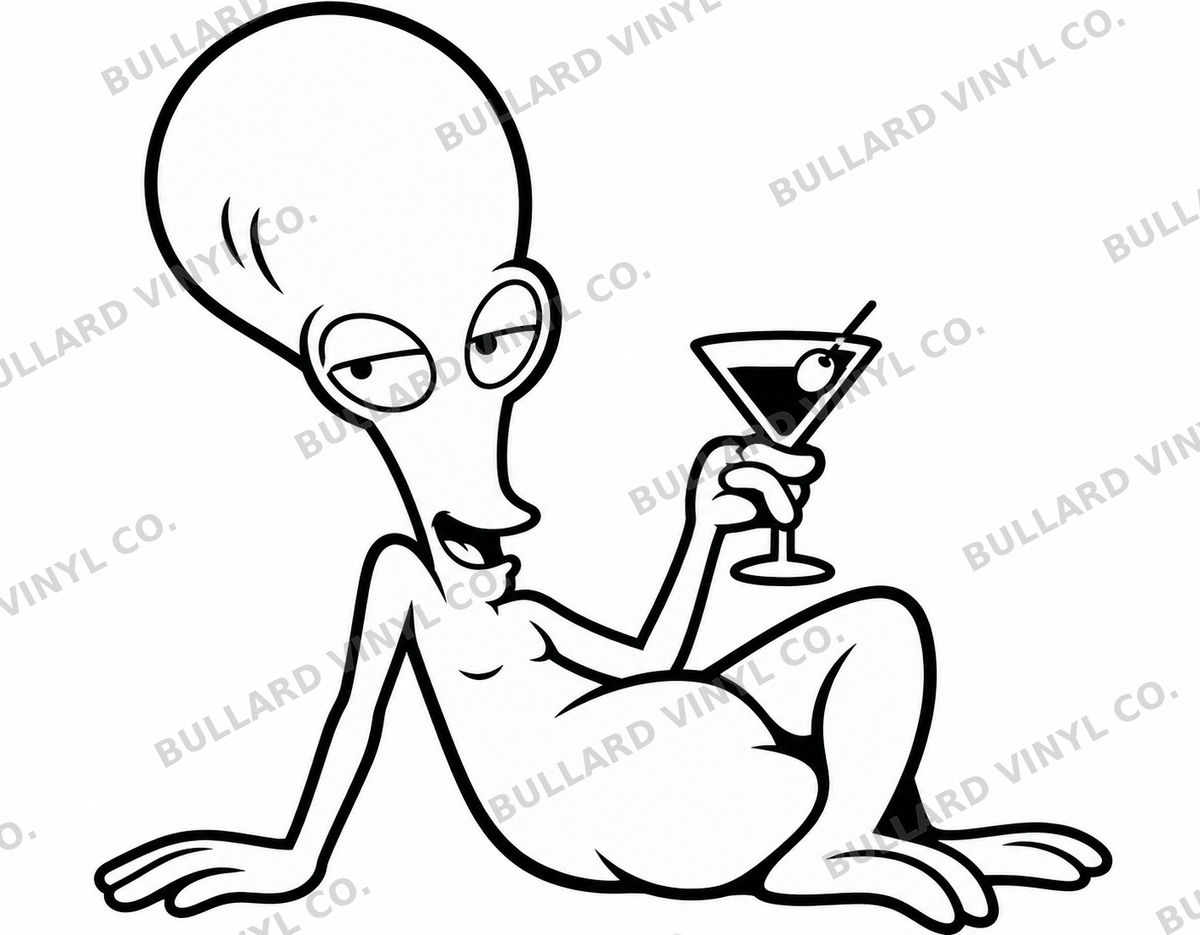 Black line artwork of a relaxed alien holding a martini glass; Bullard Vinyl Co. watermarked product preview.