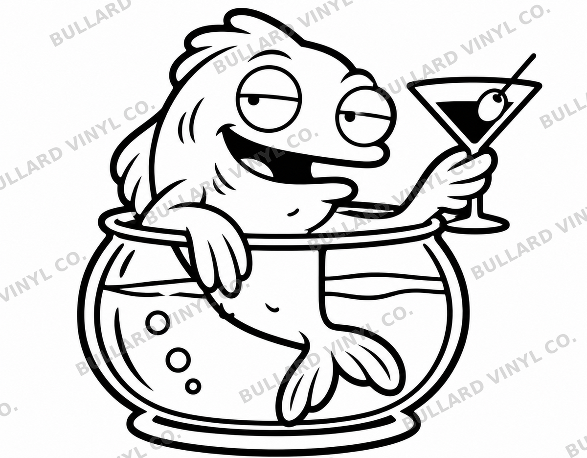 Black line artwork of a smug goldfish in a bowl holding a martini; Bullard Vinyl Co. watermarked product preview.