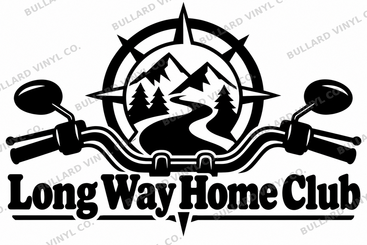 Long Way Home Club original single-color vinyl decal artwork; Bullard Vinyl Co. watermarked product preview.