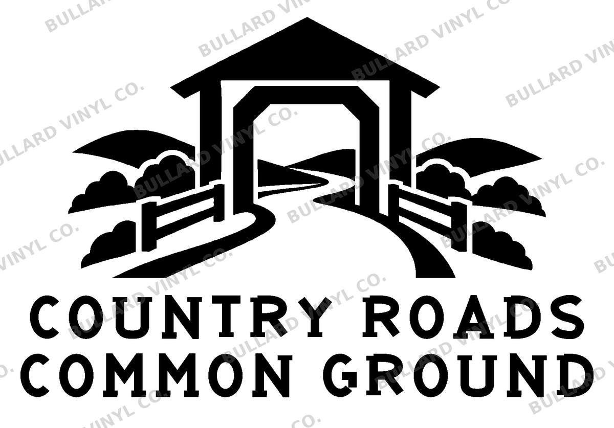 Country Roads Common Ground original artwork using Bullard Roadhouse lettering; Bullard Vinyl Co. watermarked product preview.