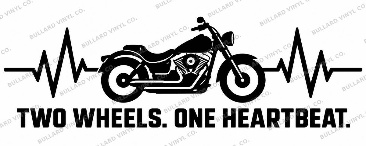 Motorcycle between heartbeat lines, Two Wheels. One Heartbeat.; Bullard Vinyl Co. watermarked product preview.