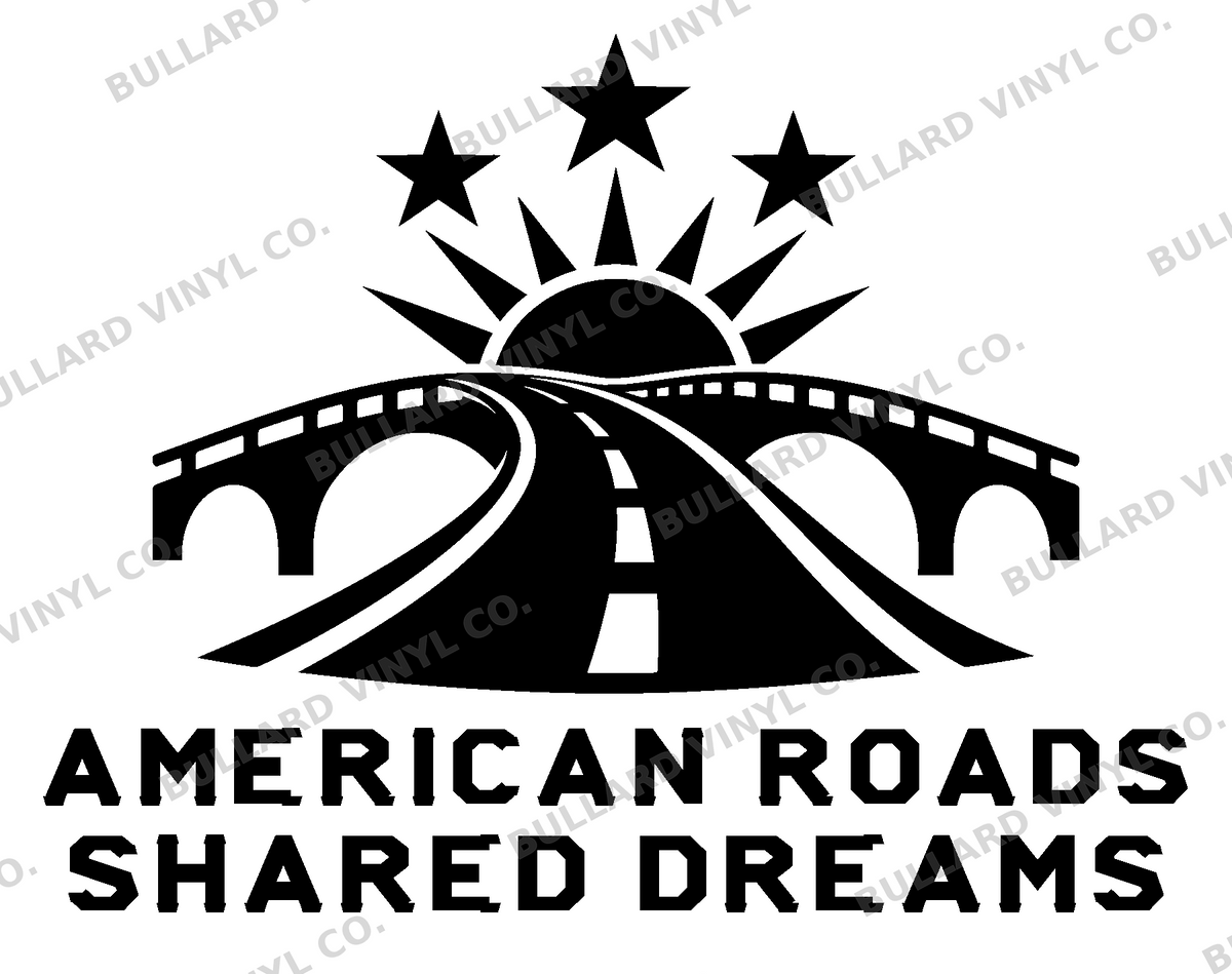 American Roads Shared Dreams original artwork using Bullard Warforge lettering; Bullard Vinyl Co. watermarked product preview.