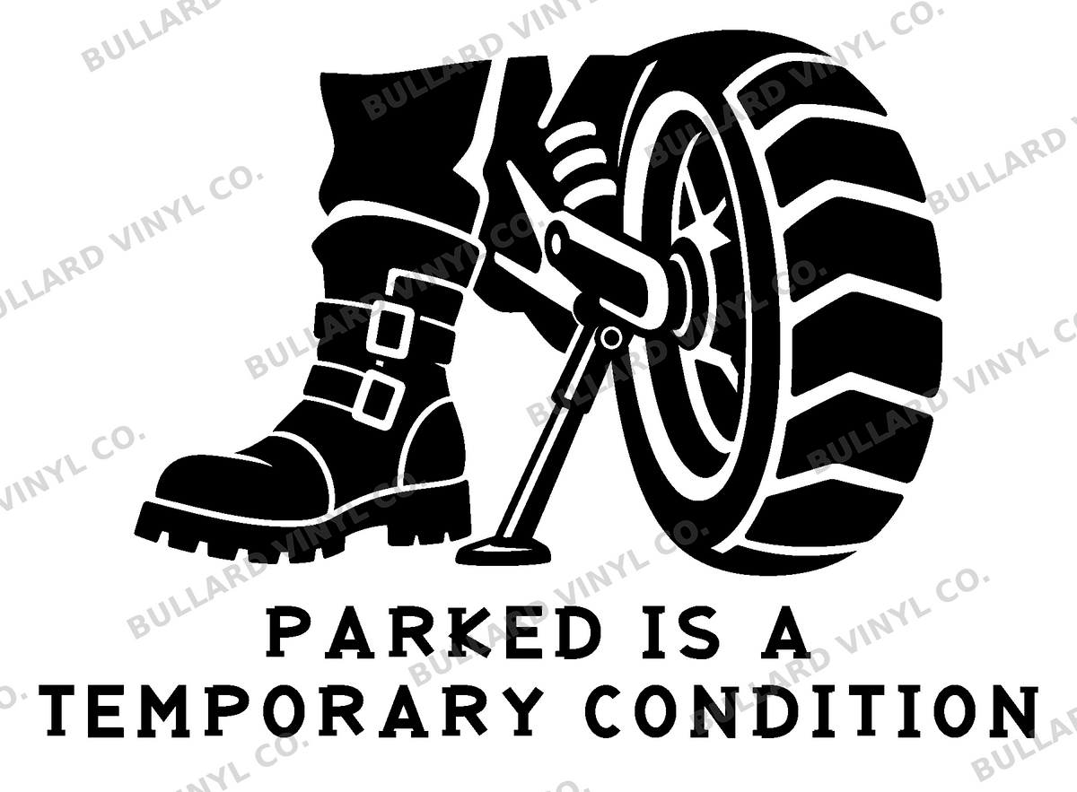 Parked Is a Temporary Condition original artwork using Bullard Roadhouse lettering; Bullard Vinyl Co. watermarked product preview.
